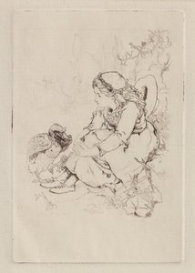 Siddende pige og stor fugl (ætsning) af John Duncan