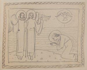 Uden titel [Knælende figur og to engle] (blyant) af John Duncan