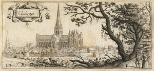 To figurer, der står ved et stort træ på højre side i forgrunden; byen Chichester i det fjerne; bymurene løber gennem scenen; Chichester Cathedral i midten af billedet, ca. 1660 (radering) af John Dunstall