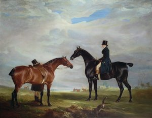 Frank Hall står på sin sorte jæger med en brudgom og en anden hest af John E. Ferneley