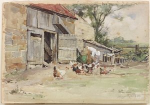 Feeding the Hens, 1909 (wc på papir) af John Edgar Mitchell