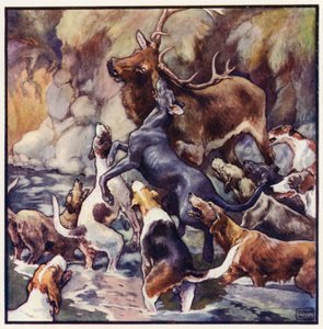 En enorm kamp finder sted, hele flokken er over ham (farve litho) af John Edwin Noble