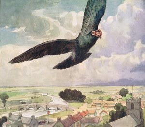 Fugl, der flyver over en by, illustration fra 