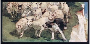 Bobtail fårehund og flok på klipper, illustration fra 