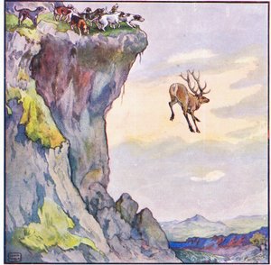 Bukken styrtede ned i afgrunden nedenfor (farve litho) af John Edwin Noble