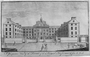 Et perspektivbillede af fronten af Royal Infirmary fra nord, ca. 1746 af John Elphinstone