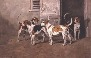 Fire Hunde ved en Stalddør af John Emms