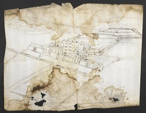 Tilføje. 78610 (i) Prospect of Wotton med haven, grotten og omegn fra nordvest, ca. 1650 (pen og blæk på papir) af John Evelyn