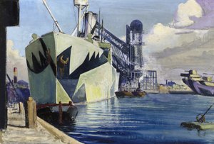 Dock Canada i Liverpool med et opankret krigsskib, malet med farverig camouflage. Maleri af Herbert Barnard John Everett (1876-1949) af John Everett