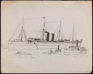 PAH1225; Dampskib nær en kyst med slæbebåd ved siden af. Passagerskib med slæbebåd og hjuldamperen Tilbury i nærheden (tegning) af John Everett