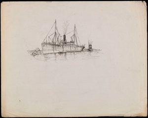 PAH1225; Dampskib nær en kyst med slæbebåd ved siden af. Passagerskib med slæbebåd og hjuldamperen Tilbury i nærheden (tegning) af John Everett
