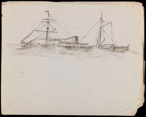 PAH1228; Skitser af et slagskib og to andre fartøjer fra Royal Navy (tegning) af John Everett