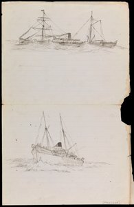 PAH1228; Skitser af et slagskib og to andre fartøjer fra Royal Navy (tegning) af John Everett