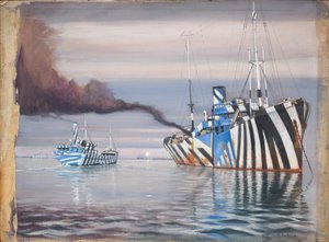 S.S. Lepanto og et andet dampskib, begge blændende malet, opankret i roligt vand