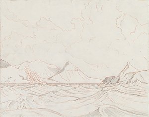 Havbillede med skib, der passerer land (1), begyndelsen af det 20. århundrede (grafit, brunt farvekridt) af John Everett