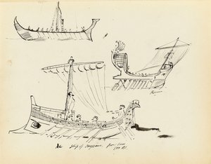 Skitser af tidlige fartøjer, herunder et romersk sejl- og årefartøj og Odysseus