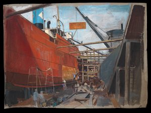 Dampskib i tørdok med arbejdere, der maler skroget af John Everett