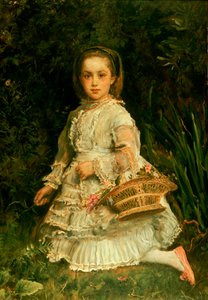 Portræt af Gracia, fuld længde, iført en hvid kjole, plukker vilde blomster af John Everett Millais