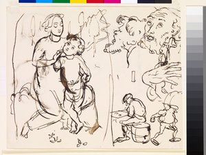 Ark med studier, der karikerer den postraphaeleske stil, 1853 af John Everett Millais