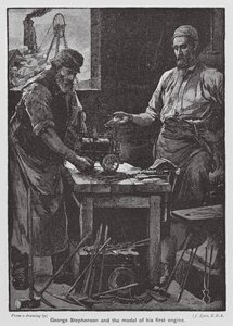 George Stephenson og modellen af hans første motor (farvelitografi) af John Eyre