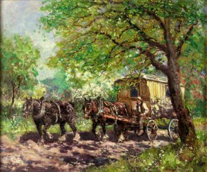 To heste og en campingvogn