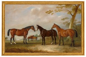 Intrepid, Conqueror og Bay Bolton med Silkman og Darnley bagved i et landskab af John Ferneley