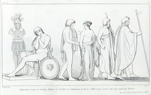 Agamemnon anklagede herolderne Taltibius og Euribat for bortførelsen af Briseis; Achilles fik den overgivet til deres hænder af Patrocles. Tegning af John Flaxman (1755 - 1826). Homers Iliaden. Synger I