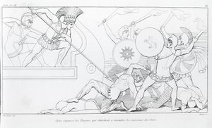 Ajax frastøder trojanerne, der søger at brænde de græske skibe. Tegning af John Flaxman (1755 - 1826). Homers Iliaden. Sang XV. af John Flaxman