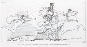 Apollo, solens gud, for at bevare Hectors krop dækker ham fuldstændigt med hans gyldne aegis. Sang XXIV. Tegning af John Flaxman (1755 - 1826). Homers Iliaden. af John Flaxman