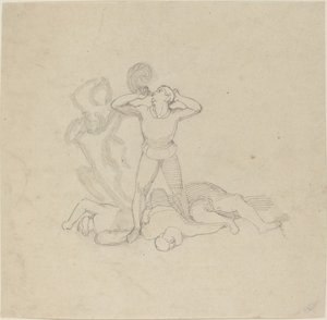 Figur stående over lig, blæser et horn af John Flaxman