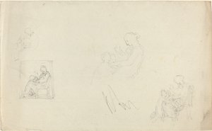 Fire studier af en siddende kvinde med børn ved hendes fødder (skitser til monumentet til Lady FitzHarris?) af John Flaxman