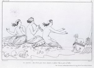 Havfruer søger ved deres sang at tiltrække Ulysses. Tegning af John Flaxman (1755 - 1826). Homers Odyssé. Sang XII.