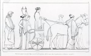 Nausicaa, som lige har mødt Ulysses, tager ham med tilbage til sin fars palads, kong Alkinoos. Tegning af John Flaxman (1755 - 1826). Homers Odyssé. Sang VI.