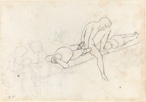 Siddende mand flankeret af to liggende figurer; Samling af figurer i nederste venstre hjørne af John Flaxman