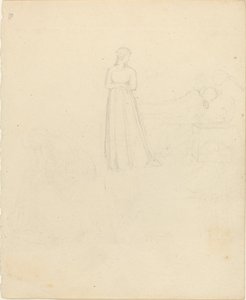Stående kvindefigur ser på liggende og siddende figurer af John Flaxman