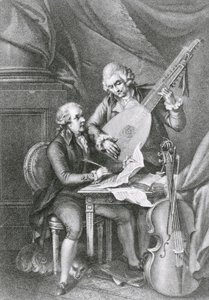 Portræt af Franz Joseph Haydn (1732-1809) og Wolfgang Amadeus Mozart (1756-91), der komponerer musik for lut, indgraveret af Michele Benedetti (1745-1810)