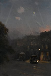 Et Zeppelin-angreb, 8. oktober 1915, ca. 1915-18 (olie på lærred) af John Fraser