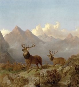 Detalje af hjorte og hinde i et højlandslandskab, 1864 af John Frederick Herring Junior