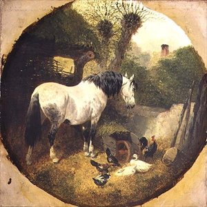 En vognhest, der spiser hø fra en trillebør i en gård af John Frederick Herring Senior