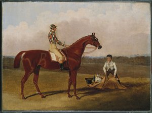 "Barfoot", væddeløbshesten, med en jockey op og en brudgom, 1835 af John Frederick Herring Senior