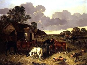 Heste, grise, fjerkræ, and og kvæg i en gård af John Frederick Herring Senior