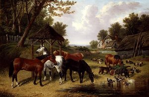 Heste ved en gårddam (olie på lærred) af John Frederick Herring Senior