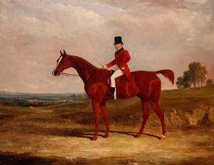 Sir Hugh Hamilton Mortimer, Master of the Old Surrey Foxhounds, på en kastanjejæger i et vidtstrakt landskab af John Frederick Herring Senior