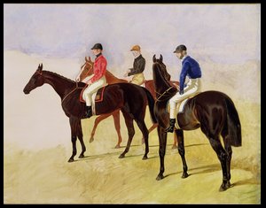 Undersøgelse af tre steeplechase-sprækker: Allen McDonough på Brunette, Tom Oliver på Discount og Jem Mason på Lottery, eller Tre væddeløbsheste med Jockeys Up