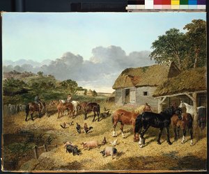 Heste, der drikker af et vandtrug, med grise og høns i en gård