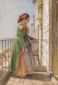 En græsk pige står på en balkon af John Frederick Lewis