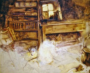 En terrier i et sommerhus i højlandet (blyant og akvarel på papir) af John Frederick Lewis