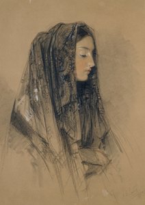 Hoved af en italiensk pige i en mantilla, 1838 (rødt og sort kridt og indisk blæk med akvareller og kropsfarver på buff bord) af John Frederick Lewis
