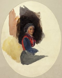 Skitse af siddende kvinde i bondedragt af John Frederick Lewis