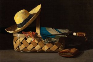 ""Marked Basket, Hat and Umbrella"" (Market Basket, Hat and Umbrella) Stilleben - Maleri af John Frederick Peto (1854-1907) ca. 1890 Privat samling af John Frederick Peto